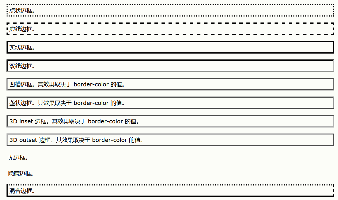演示不同的边框样式的结果